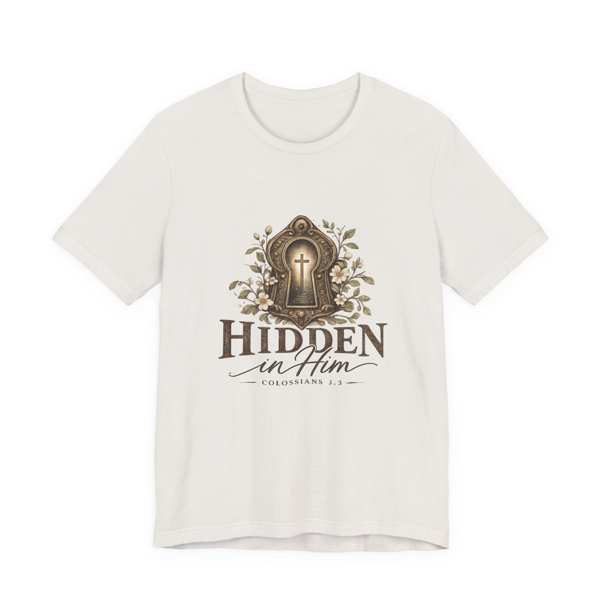 Hidden in Him T-Shirt — Christian Faith Keyhole Design (Colossians 3:3)