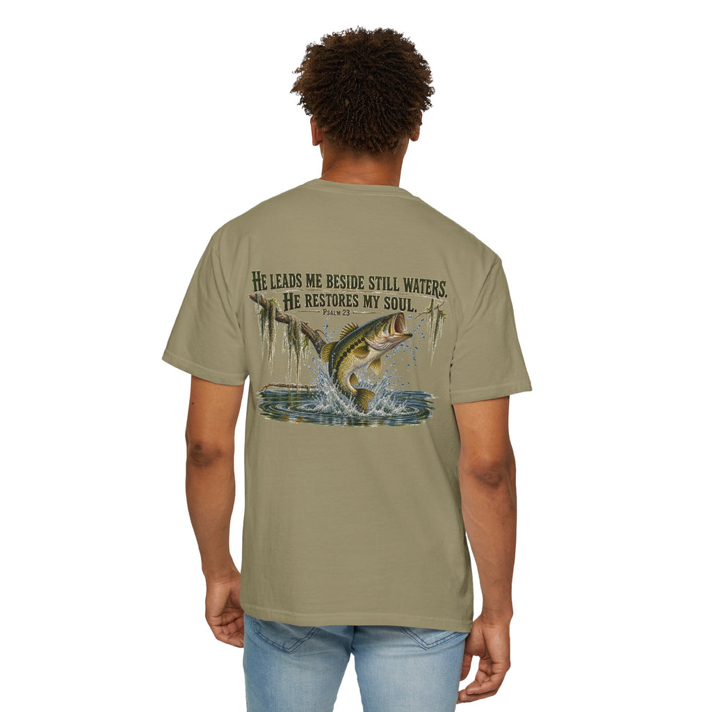 Fishing T-Shirt — "He Leads Me Beside Still Waters, He Restores My Soul" Christian Fish Graphic