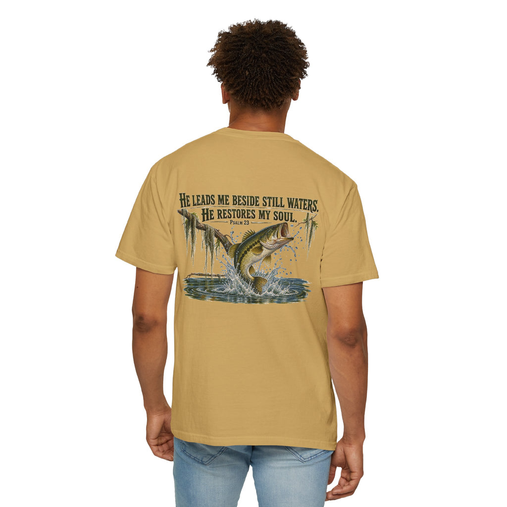 Fishing T-Shirt — "He Leads Me Beside Still Waters, He Restores My Soul" Christian Fish Graphic