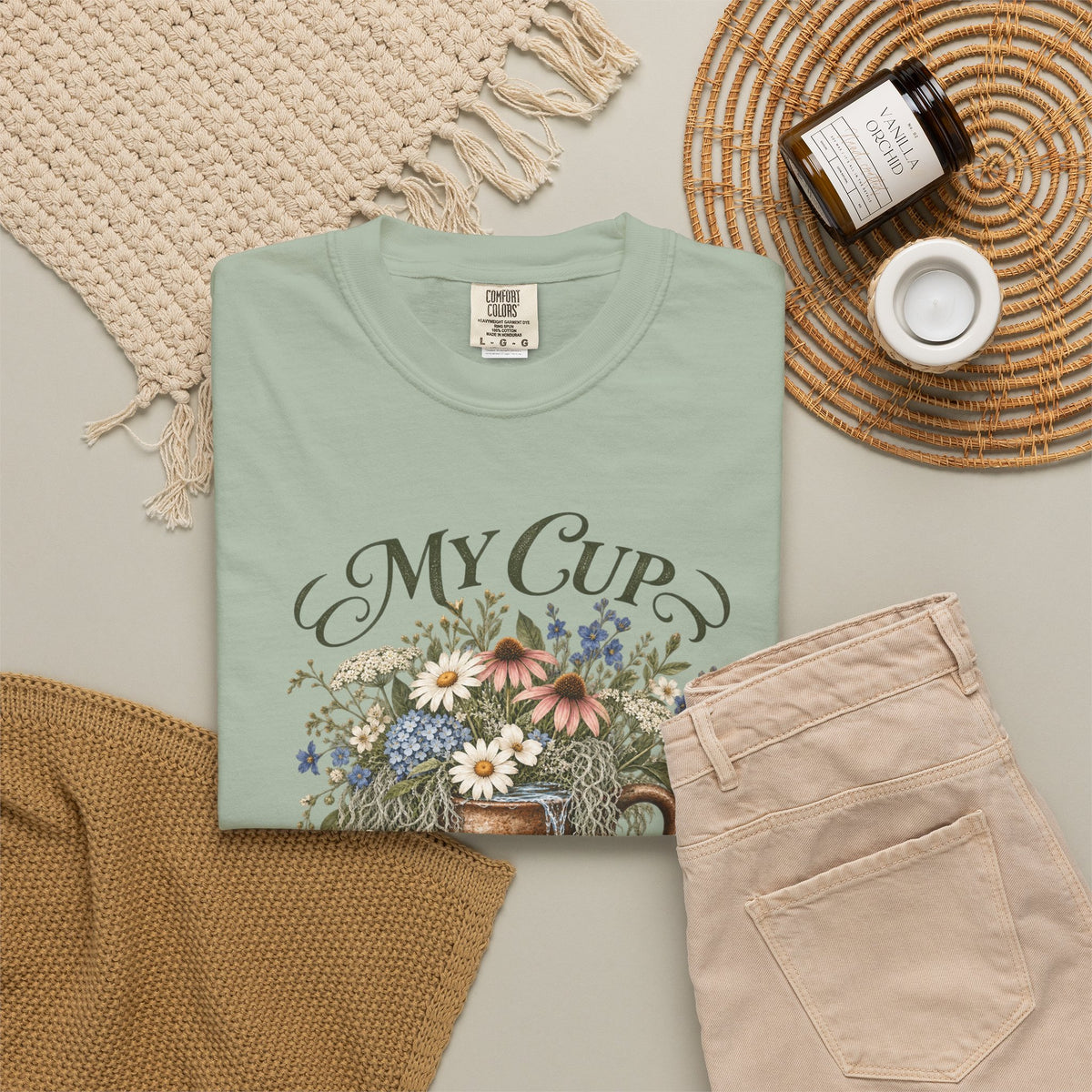 My Cup Runneth Over Floral T-Shirt — Vintage Floral Mug Graphic