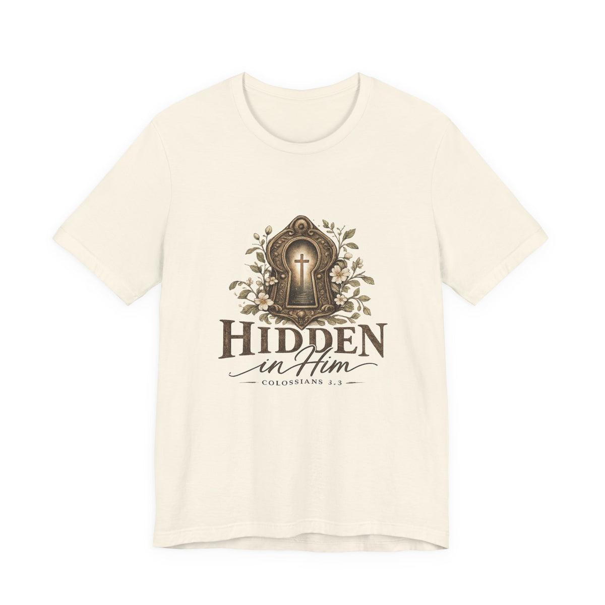 Hidden in Him T-Shirt — Christian Faith Keyhole Design (Colossians 3:3)